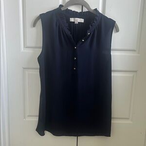 LOFT Navy Sleeveless Ruffle Henley Shell with Gold Buttons